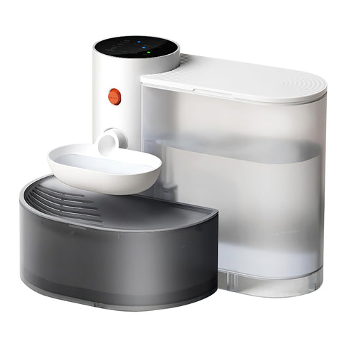 White cordless pet water fountain with a drinking bowl and separate water reservoirs