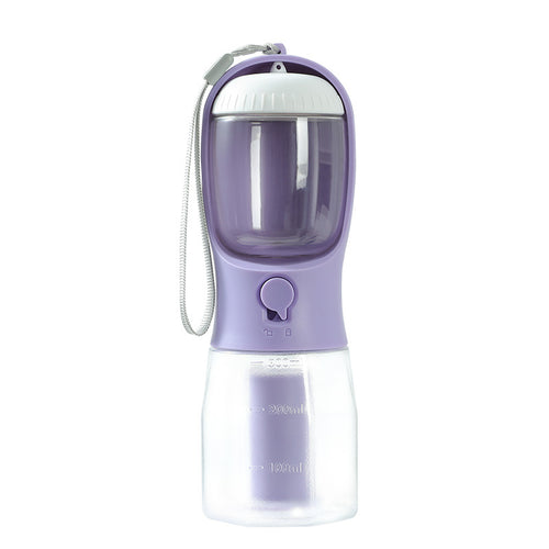 Purple 300 ml portable pet water bottle with an attached waste-bag holder