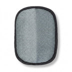 Grey cleaning face of one reusable pet hair cleanup mitt with black fabric edging on a white background
