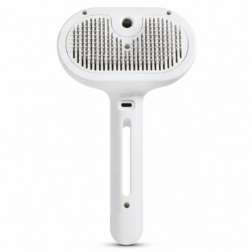 White pet mist grooming brush with protective-tipped metal pins, shown alone on a white background